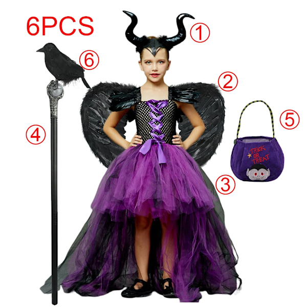 Disney Maleficent Kostym Deluxe Flickor Halloween Karneval Fest Lila Släpande Nätklänning Barn Cosplay Demon Queen Häxa Kläder Acc Set 02 XXL(10-12T)