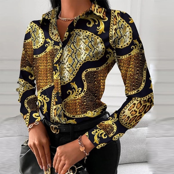Damtröja med tryckt temperamentskjorta guld leopardtryck 2XL