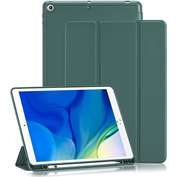 GHINL iPad 9:e/8:e/7:e generationens case (2021/2020/2019) iPad 10,2- case med pennhållare [Sömn/vakna] Smal mjuk TPU baksida Smart Magneti Dark Green