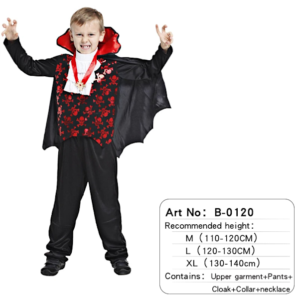 Pojkar Halloween Vampyr Cosplay Kostym för Barn Karneval Fest Klä Upp Outfit Barn Rollspel Kostymer XL(130-140cm) B-0120