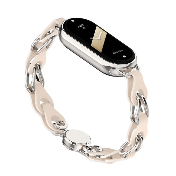 För Xiaomi Smart Band 8 magnetiskt watch äkta koläder+kedjearmband av aluminiumlegering Starlight