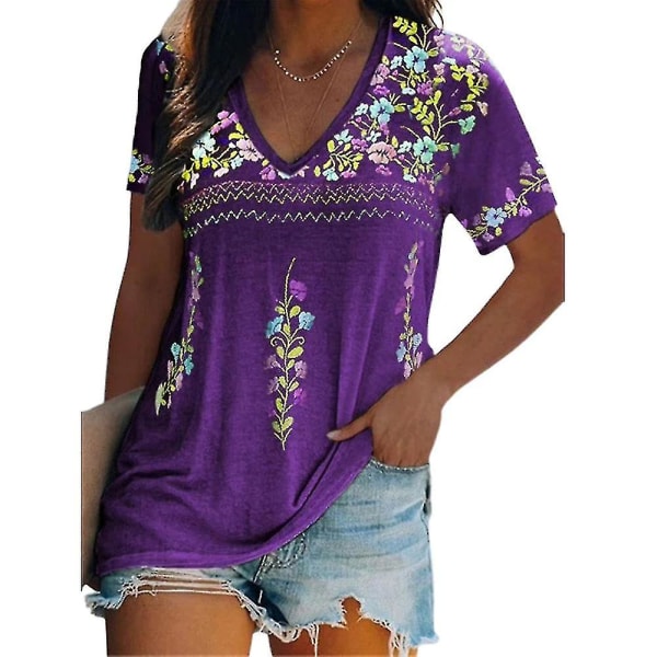 Kvinnor Boho blommig kortärmad V-ringad T-shirt Casual Tops Tee Purple 3XL