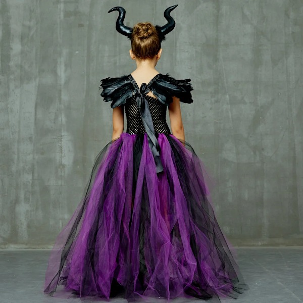 Maleficent Halloween Barnkostym Tulleklänning Flickor Cosplay Vestidos Festlig Ond Drottning Mesh Prinsessklänning Barn Kråka Trollstav Wings XXL(10-12T)