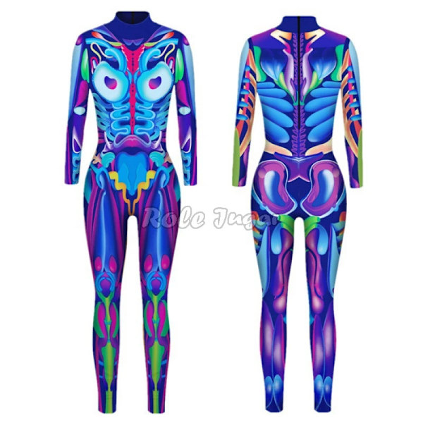 Robot Punk Jumpsuit Sexig Dam Cosplay Kostymer Fancy Halloween Fest Färgglad Utskrift Skelett Bodysuit För Män S 21