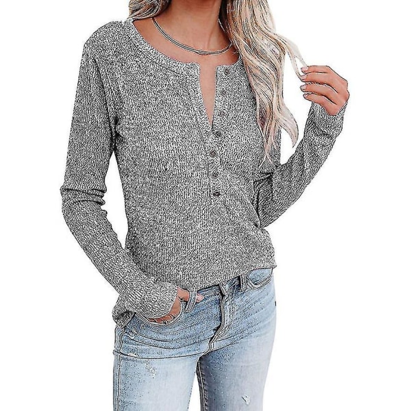 Kvinnors höst-/vintermode V-ringad print Långärmad Casual Lös T-shirt Plus Size Grey M