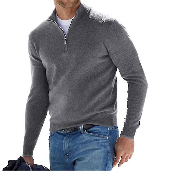 Män Zip Stand Neck Solid Toppar Casual Höst Vinter Fit Långärmad Pullover Grey S