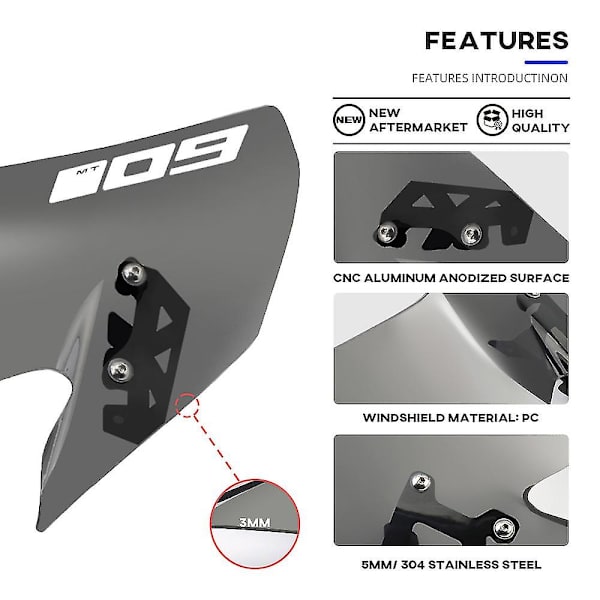 Vindruta för Yamaha Mt-09/sp Fz-09 2017-2020 18 19 Vindruta Pare-brise Motorcykel Vindskydd Mt-09sp Mt09 Fz09 Mt Fz 09 No Sticker