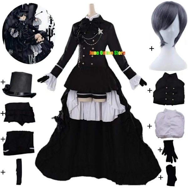 Anime Black Butler Kuroshitsuji Ciel Phantomhive Smile Cosplay Kostym Peruk Rock Skjorta Shorts Hatt Vuxen Klänning Hallowen Dräkt L wig