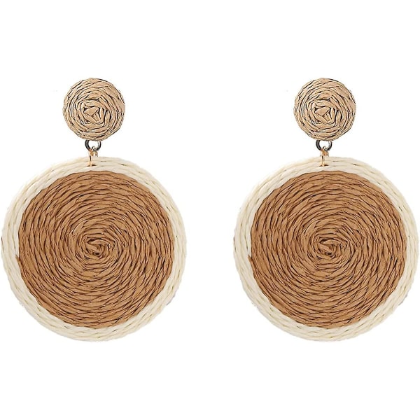 Bohemian Woven Straw Wicker Raffia Rotting Dingle Örhängen Geometriska Circle Round Drop Earrings brown staw