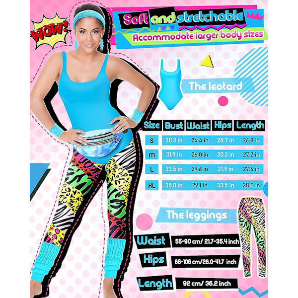 7 st 80-tals träningskostym 80- set 80-tals 90-tals Leotard Legging Pannband Armband Benvärmare Örhängen Fanny Pack Cute Zebra 3X-Large