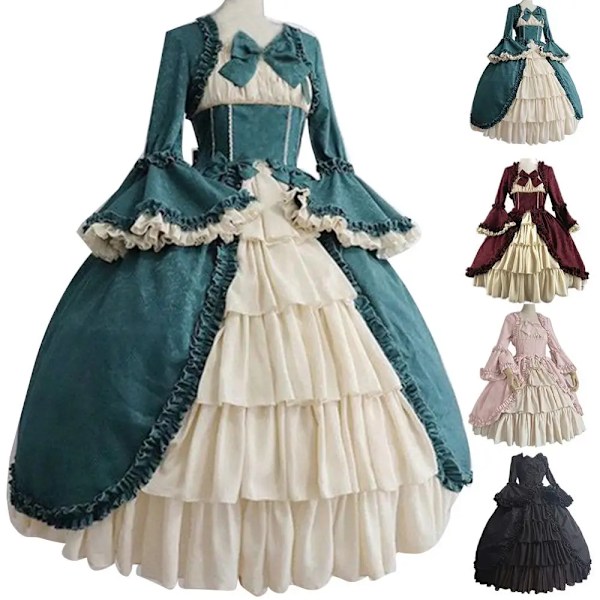 Söt Cosplay Svart Kvinnor Lolita Lady Retro Fyrkantig Hals Tight Midja Bowknot Medeltida Klänning Klänning Festdräkt Fairy Vestidos L Pink