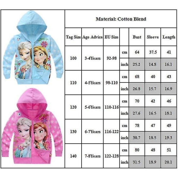 Barn Flickor Frozen Print Långärmad Huvjacka Dragkedja Ytterkläder Rose Red 4-5 Years