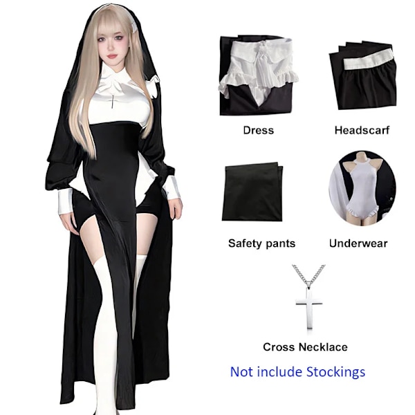 Söt kvinnlig anime nunna kostym cosplay show outfit sexig dam halloween performance fancy dress up syster cos uniform M Without Stockings