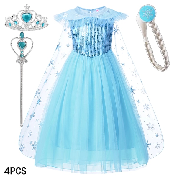 Disney Frozen Elsa Klänning för Flickor Snödrottning Anna Klänning Lyxklänningar Karneval Halloween Flickor Cosplay Kostym Frozen Kostym V Elsa Dress 3-4Y (110)