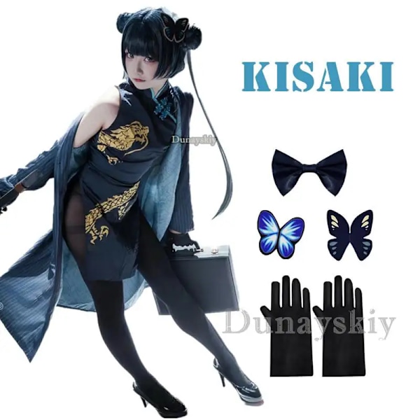 Game Anime Blue Archive Cosplay Kisaki Ytterkläder Qipao Vindjacka Handskar Peruk Huvudbonad Kostym Full Set Halloween Karneval Kostym L COSTUME