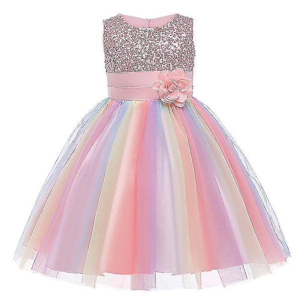 Flickor Paljettklänning Regnbåge Tutu Födelsedagsfest Prinsessa Klänning Pageant Klänning Blomma Klänning Pink 110cm(4-5T)