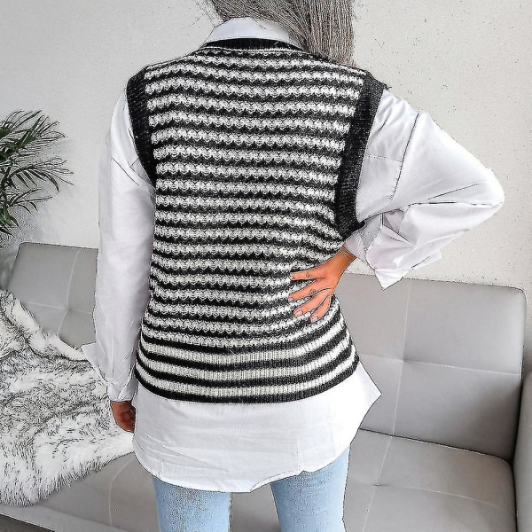 Randig tröja för kvinnor stickad ärmlös Casual tröja Mjuk V-ringad tröja Black L