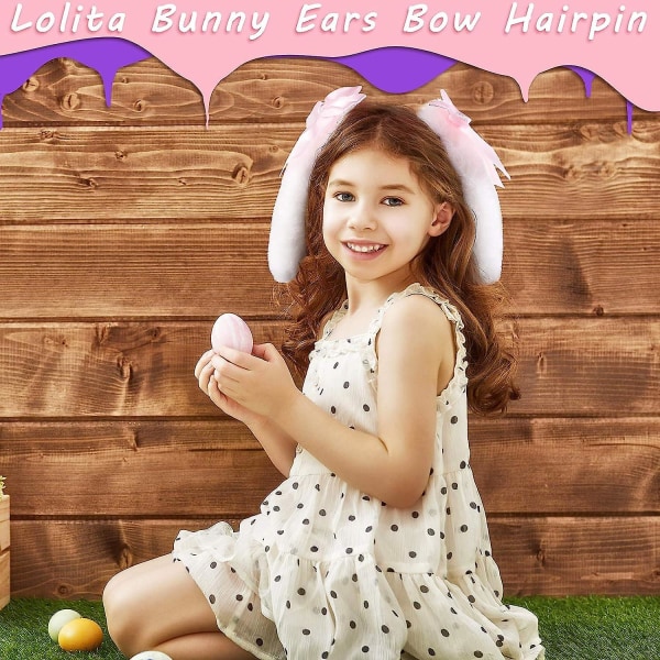 2 par Lolita Bunny Ears Rosett Hårnålar, Hårklämma Kanin Plysch Lop Ears Band Bowknot Hårnål Lolita Animal Ears Headpieces Bunny Costume