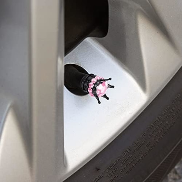 4 delar Crown Tire Ventil Stamkapsyler Bling Handgjorda Crystal Rhinestone Universal Chrome Crown Fordonsdäckslock för fordon, attraktiv åtkomst Pink and Black