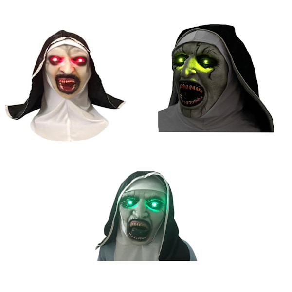 LED Horror The Nun Mask Cosplay Läskiga Latexmasker Med Huvudduk LED-Ljus Halloween Party Rekvisita Deluxe B