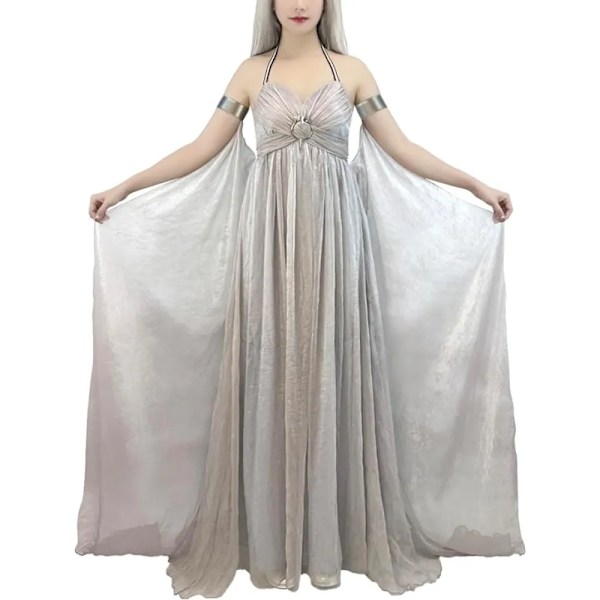 Kvinnors medeltida kostym drottning cosplay grå lång klänning Halloween Daenerys Targaryen kostymer XL Beige