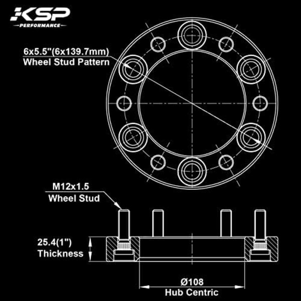 6x5,5 hjuldistanser, KSP smidda 1&#34;(25 mm) 6x139,7 mm till 6x139,7 mm gängstigning M12x1,5 navhål 108 mm adaptrar för Tacoma 4Runner Tundra F black No Lip-6X5.5-1inch