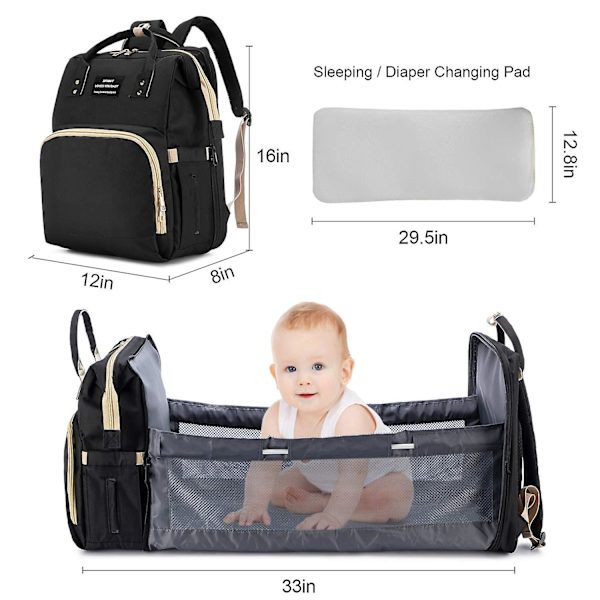 3 i 1 skötväska Ryggsäck med skötbord, vattentät baby med automatisk hopfällbar spjälsäng null none