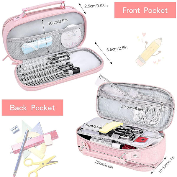 Case med stor kapacitet Skolmaterial, pennfodral med stor öppning Kontorsmaterial, Lätt rymlig sminkväska Skrivpappersväska med dubbla Pink