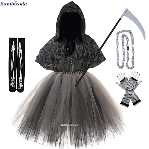 Halloween Fest Cosplay Barn Döden Svart Kappa Halloween Dödskalle Skelett Bal Kostym Prop Set Döden Cosplay Kostym M(4-5Y) a6