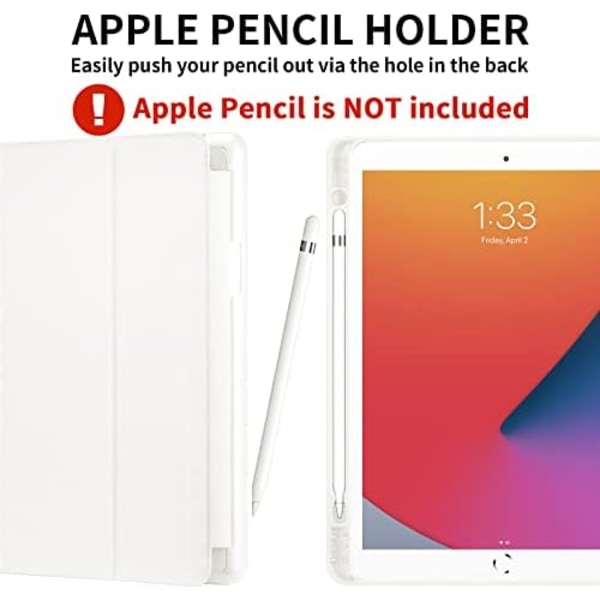 GHINL iPad 9:e/8:e/7:e generationens case (2021/2020/2019) iPad 10,2- case med pennhållare [Sömn/vakna] Smal mjuk TPU baksida Smart Magneti White