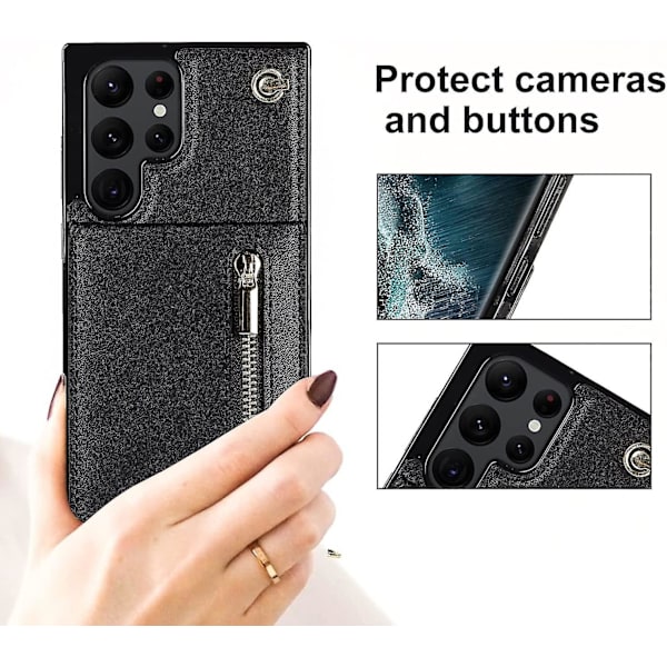 Case i läder för Samsung Galaxy S23 Ultra/ S23+/ S23 med halsrem & stativ & dragkedja Black for S23 Ultra
