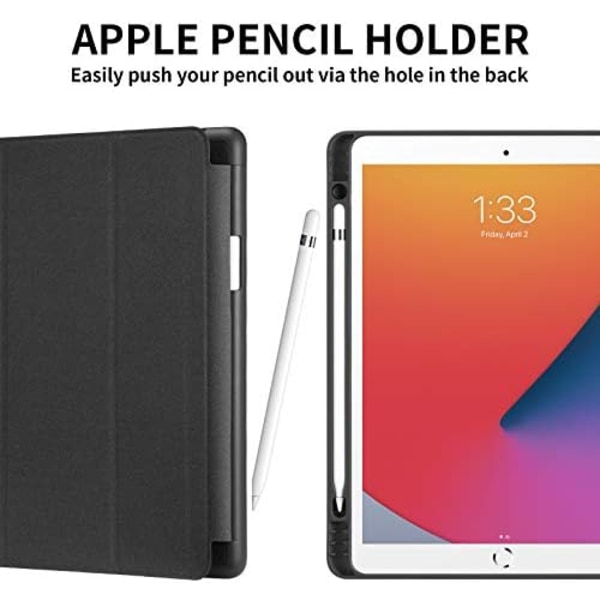 GHINL iPad 9:e/8:e/7:e generationens case (2021/2020/2019) iPad 10,2- case med pennhållare [Sömn/vakna] Smal mjuk TPU baksida Smart Magneti Black