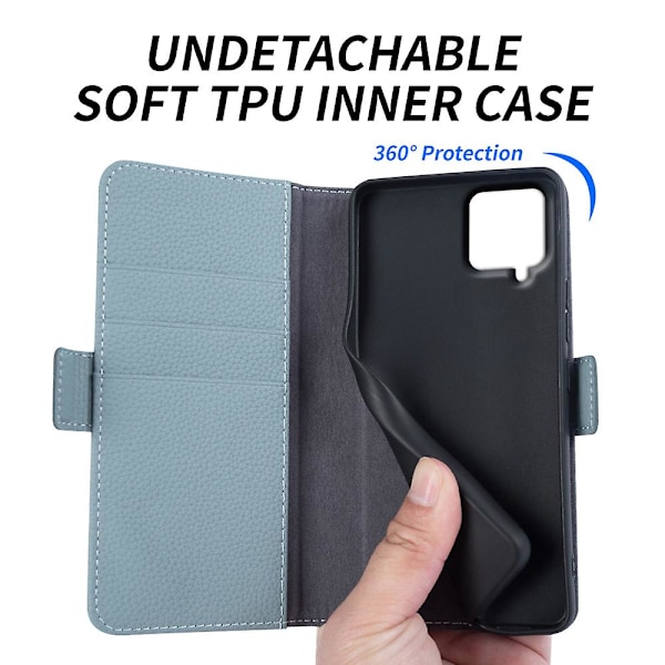 För Samsung Galaxy F22 Fallsäker äkta kohud läder cover Litchi Texture Plånbok Phone case Baby Blue