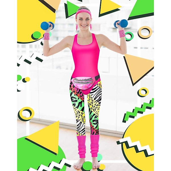 7 st 80-tals träningskostym 80- set 80-tals 90-tals Leotard Legging Pannband Armband Benvärmare Örhängen Fanny Pack Zebra Print 3X-Large