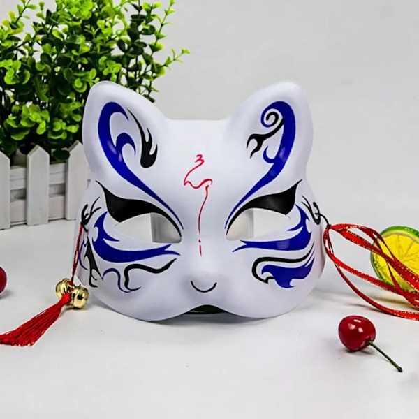 15,5x18cm Handmålad Vit KörsbärsKatt Svart Räv Halloween Japansk Stil Vindmask Guldpulver Festklädsel Mask C