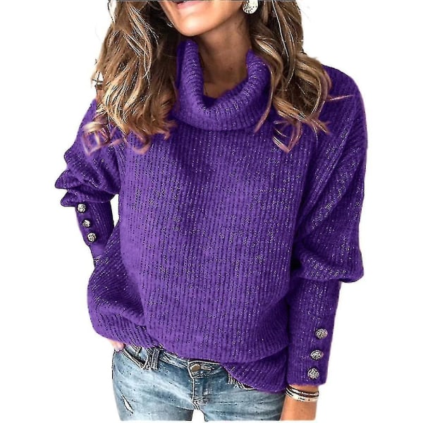 Dam Långärmad Turtle Neck Jumper Casual Pullover Lös stickad tröja Toppar Plus Size Purple 4XL
