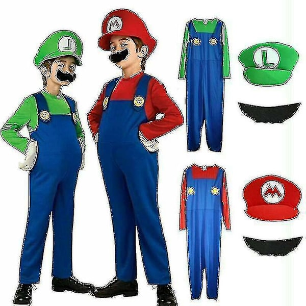 Barn Pojkar Flickor Super Mario Luigi Plumber Bros Finklänning Festdräkter Kostym Red 4-6 years