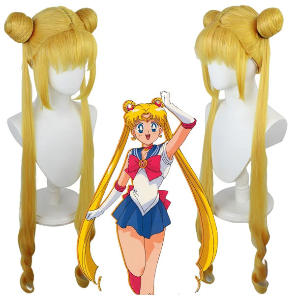 Anime Sailor Moon Cosplay Kostym Tsukino Usagi Uniform Klänning Outfits Cosplay Gul Peruk Halloween Karneval Fest Kvinnor Barn XL only wig