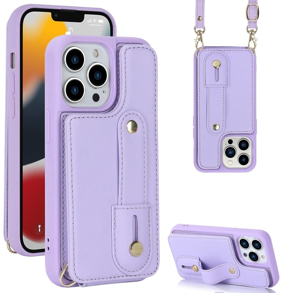 Korthållare Cover till Iphone 13 Pro , Armband Kickstand Läder+tpu Phone case Purple