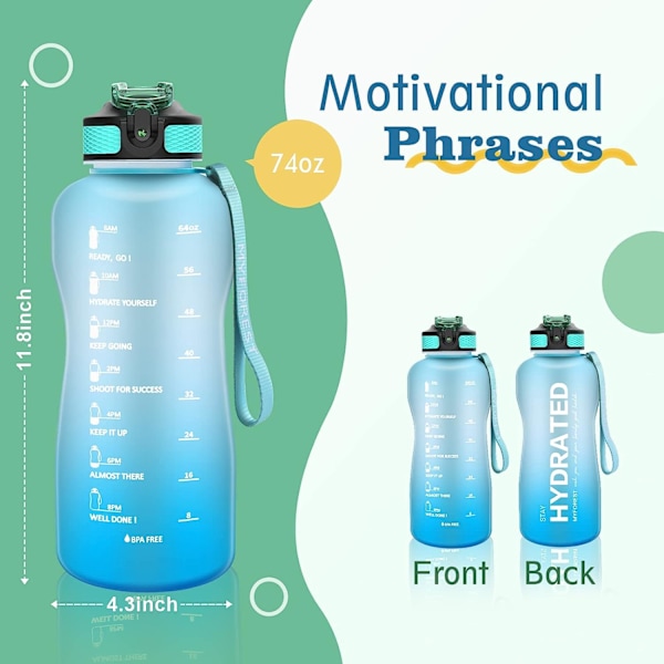 2,2-liters vattenflaska, BPA-fri, 2,2 l, drickflaska med sugrör och tidsmarkeringar, 2 200 ml, gymnastikflaska för sport, cykling, yoga, v Transparent vit N