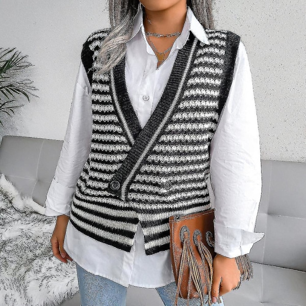 Randig tröja för kvinnor stickad ärmlös Casual tröja Mjuk V-ringad tröja Black S