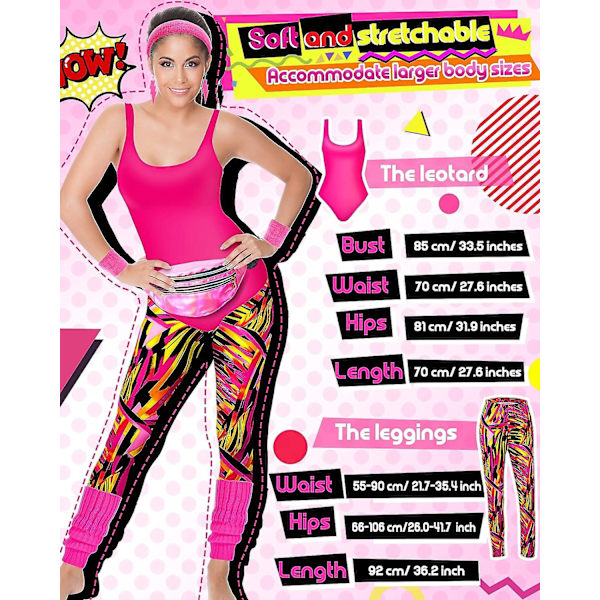 7 st 80-tals träningskostym 80- set 80-tals 90-tals Leotard Legging Pannband Armband Benvärmare Örhängen Fanny Pack Geometric Lines 3X-Large