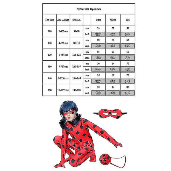 Kids Girl Ladybug Cosplay Kostym Set Halloween Party Jumpsuit Fancy Dress Kostym med ögonbindel, peruk, väska-yky-ykc 130(120-130CM)