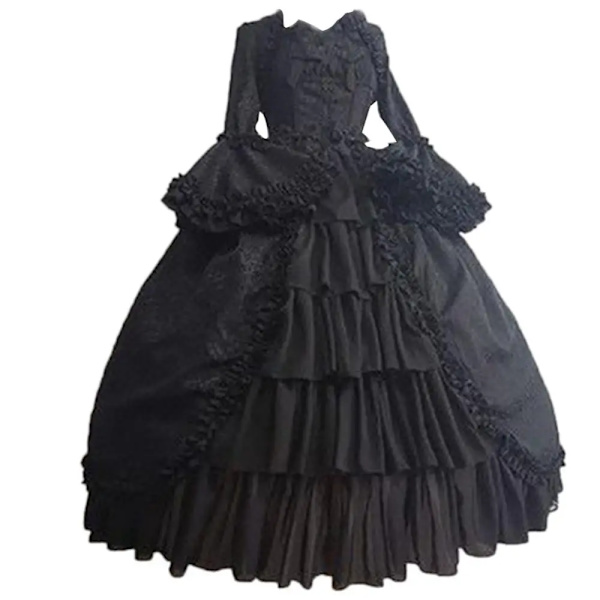 Söt Cosplay Svart Kvinnor Lolita Lady Retro Fyrkantig Hals Tight Midja Bowknot Medeltida Klänning Klänning Festdräkt Fairy Vestidos L black