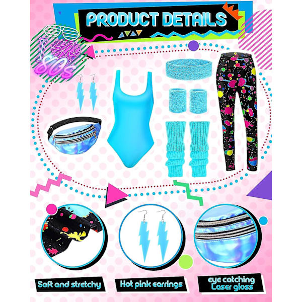7 st 80-tals träningskostym 80- set 80-tals 90-tals Leotard Legging Pannband Armband Benvärmare Örhängen Fanny Pack Cute Neon Large