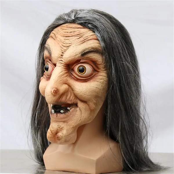 Läskig Gammal Häxmask Latex med Hår Halloween Maskeradklädsel Grimas Party Kostym Cosplay Masker Rekvisita Vuxen One size A1