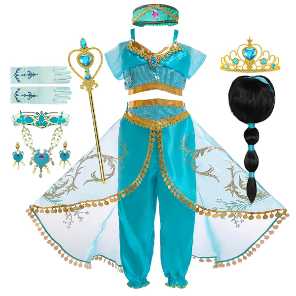 Flickor Jasmine Klänning Aladdin Prinsessa Magisk Lampa Karneval Festkläder Vestidos Halloween Fest Cosplay Klänning Set B 5-6T (Size 130)