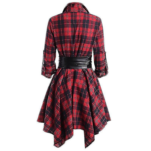 Kvinnors Pläd Klänning Långärmad Button Down Belted Shirtdress Bästa present Lila M