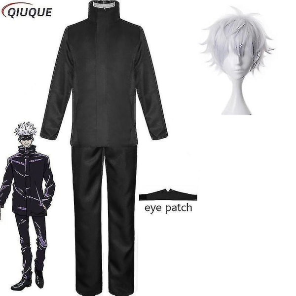 2023-anime Jujutsu Kaisen Gojo Satoru Cosplay Kostym Toppar Byxor Ögonlapp Halloween Party Män Uniform Peruker-1-1 Black Package 3 XL