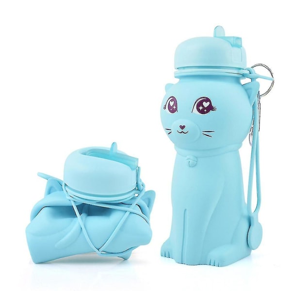 Söt kattformad vattenkokare Hopfällbar vattenkokare flaska Bärbar läckagesäker vattenkopp för födelsedagspresent Blue